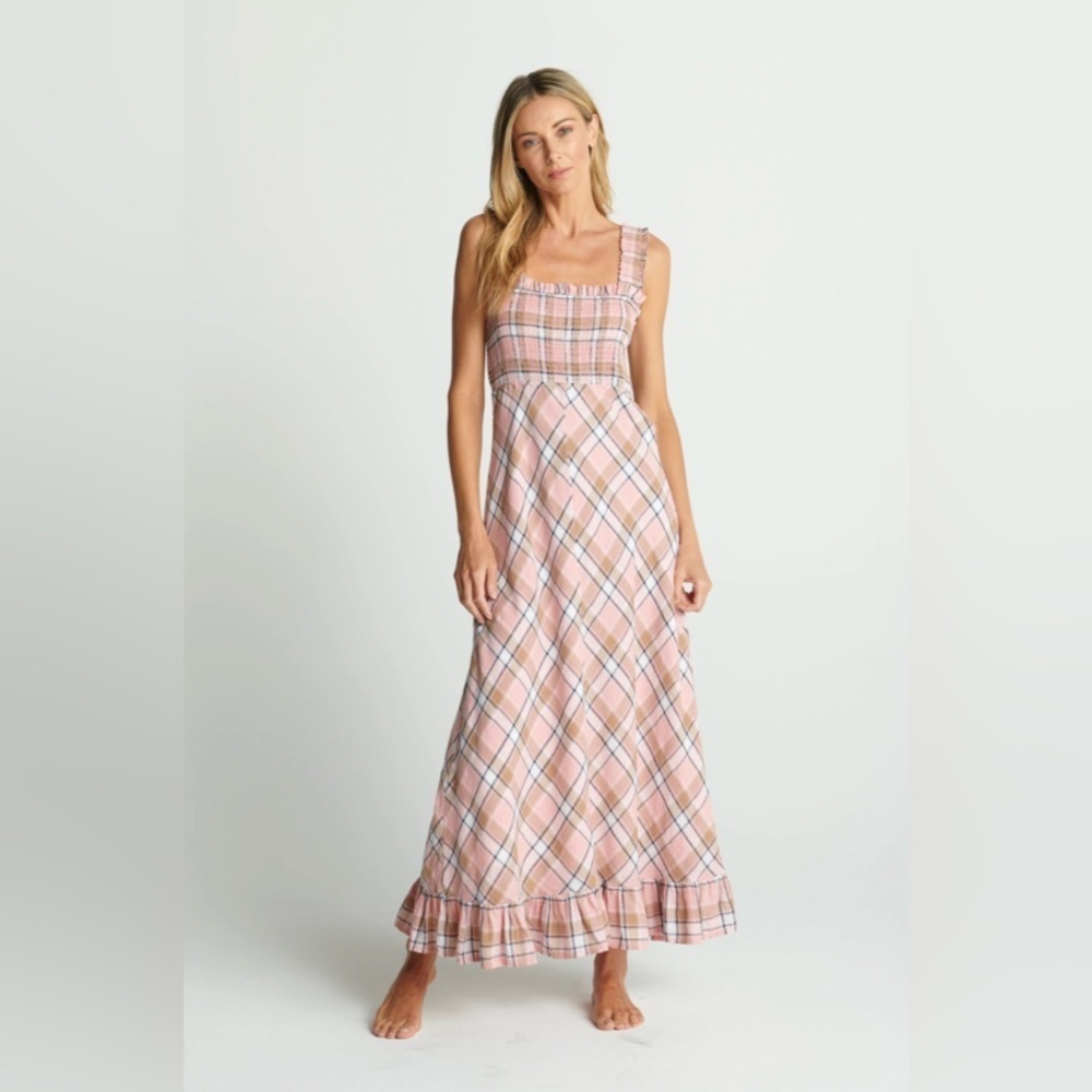 We Are Sundays Beau Smocked Crystal Plaid Ruffle Hem Maxi Dress Cotton Linen New
